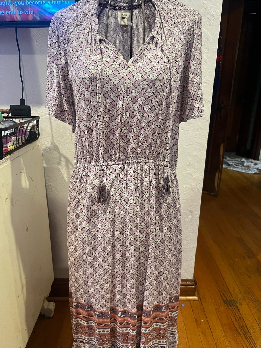 Knox Rose Soft Lavender Printed Tie-Waist Women’s Dress medium